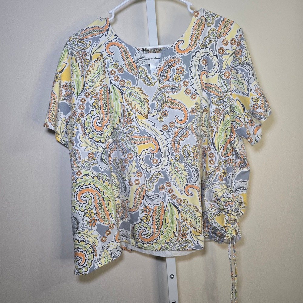 Alfred‎ Dunner Womens XL Paisley Floral Top Beaded Neck Side Cinch Yellow Grey